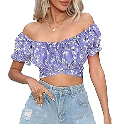 COOUFE Women's Crop Tops Ruffle Short Sleeve Tie