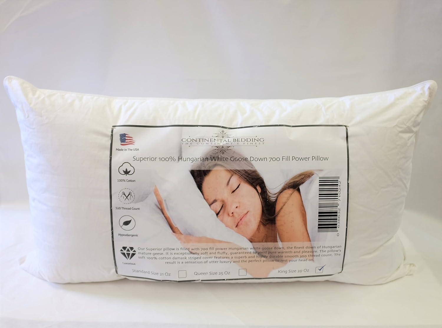 Continental Bedding Superior 100% Down Pillows - 700 Fill Power (29oz.) Hungarian White Goose Down Sleeper - 100% Cotton Striped Damask Shell Pillowcase - King Size, 20 X 36-Inch – Proudly Made in The USA - SP100-K