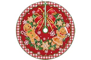 Fzbali Gingerbread Man Christmas Tree Skirt 36 Inches Lace-up Wreath Bow Snowflake Artificial Xmas Tree Skirt, Red Buffalo Plaid Check Indoor Decoration Farmhouse Holiday Party Home Decor