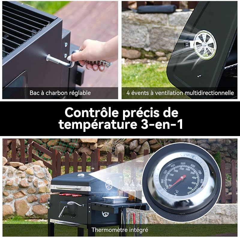 Barbecue Charbon de Bois, Gril avec Couvercle, Surface de Cuisson: 56×42,5 cm, Bac à Charbon Réglable en Hauteur, Table Latérale Pliante, Housse Barbecue Incluses