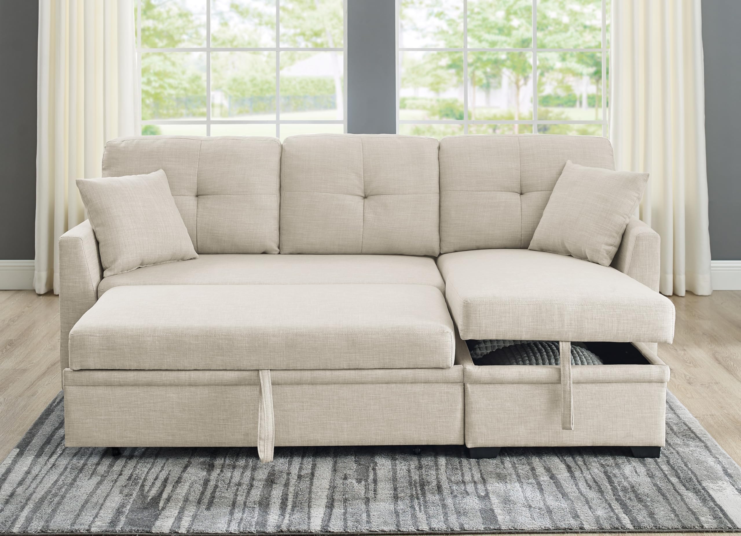 Photo 1 of ERYE 83-inch Pull Out Sleeper Couch Bed, L-Shaped Corner Reversible Sleeper Sectional Sofa Polyester Blend Tufted Upholstered Convertible Sofa Bed with Storage Chaise for Home Apartment Living Room