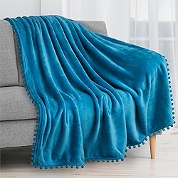 PAVILIA Teal Blue Throw Blanket Pom Pom for