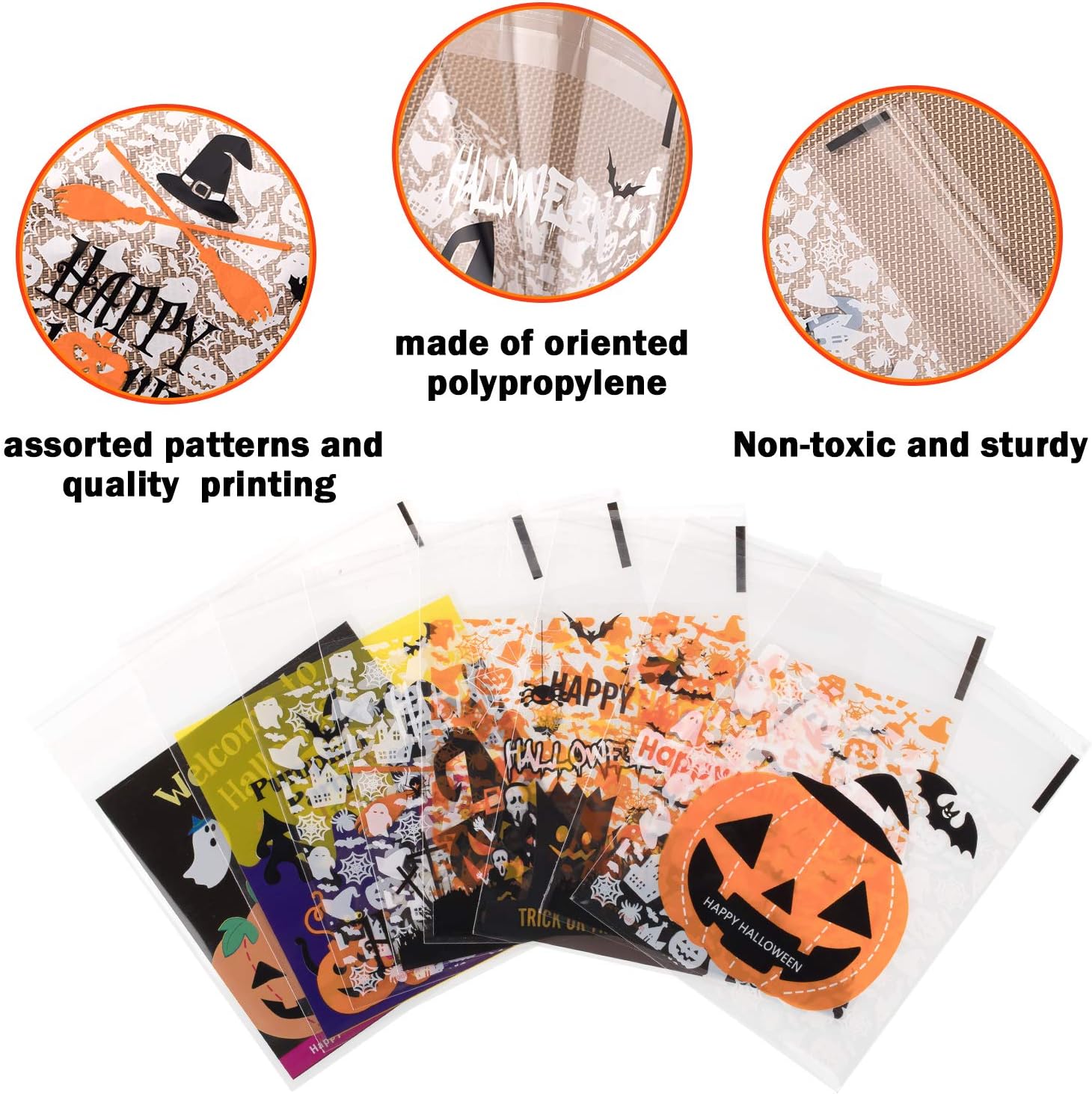 Whaline 400Pcs Halloween Candy Bag, Self Adhesive Clear Cookie Treat Bags, Cellophane Plastic Gift Bags for Halloween Party Supplies, Homemade Craft, Snack Gift Packing (8 Styles): Toys & Games