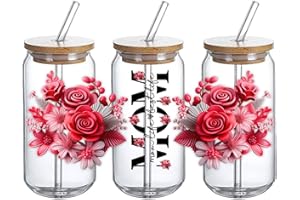 DTHOME3 UV DTF Glass Cup Wrap Transfer - UVDTF Sublimation Mom Life Best Life Red Flower Mom - Decal for 16oz Glass Cups, DIY Crafts Gifts for mom-3PCS