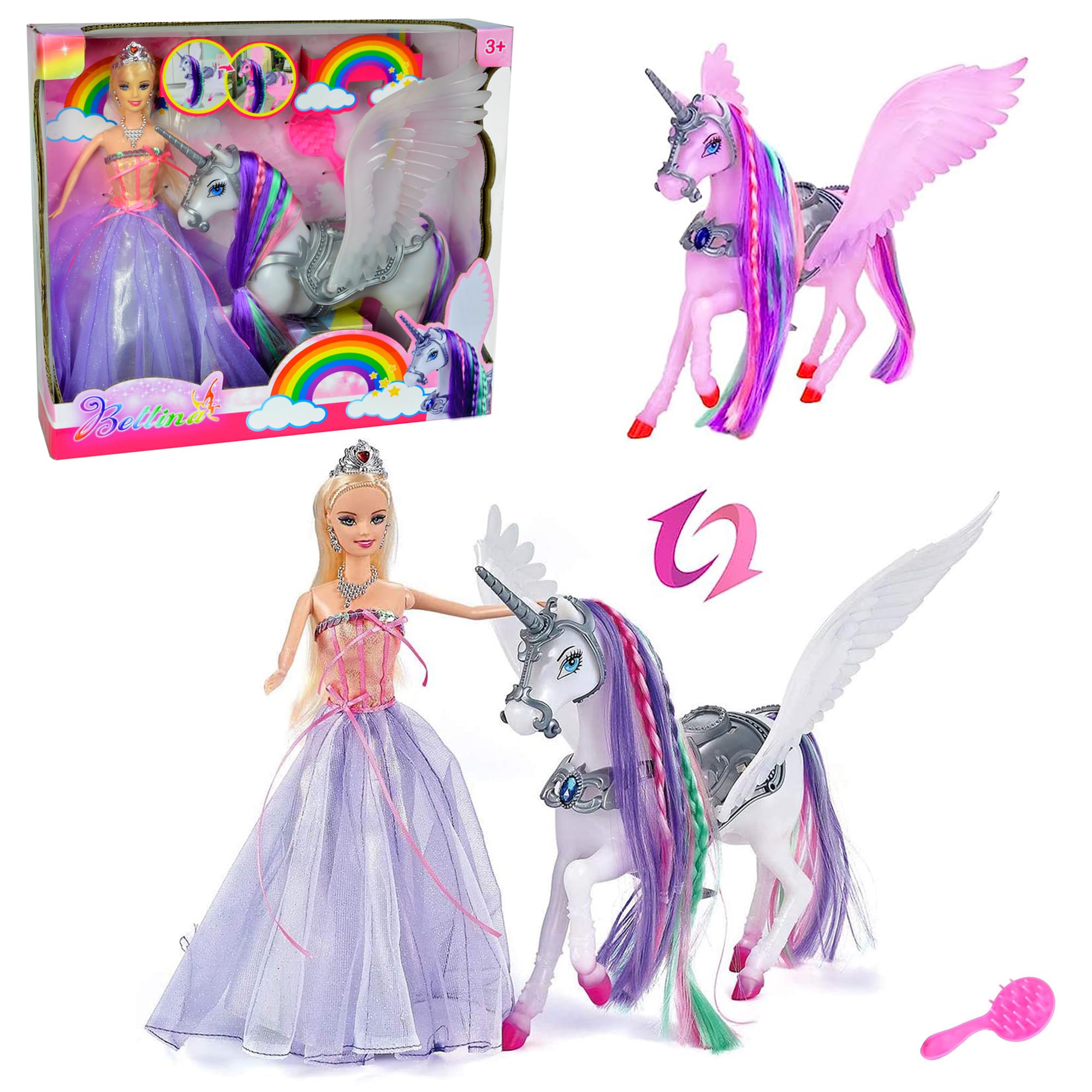 Bettina Princess Doll with Color Changing Unicorn Toy, 11.5 Inch Doll with Princess Dress ...