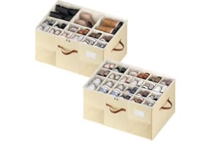 MSTONAL Shoe Organizer for Closet, 2 Pack Shoe Storage Containers with Adjustable Dividers, Space Saving Shoe Box Storage Organizers Bins with Clear Lid & 4 Handles, Fits 24-48 Pairs, Beige