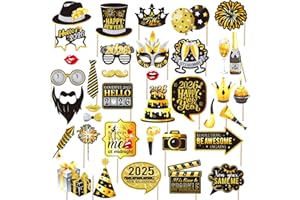 Konsait Happy New Year Photo Booth Props New Years Decorations, 37 Pcs New Years Eve Photo Booth Props 2025 Black and Gold Ne