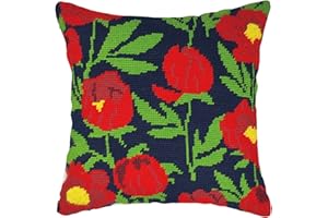 Howie's Needlepoint Needlepoint Kits for Adults, Pillow Front Cross Stitch Kit with Embroidery Pattern on Canvas, Yarn, 2 Needles and Instruction, 16 x 16inch(Red Tulips)
