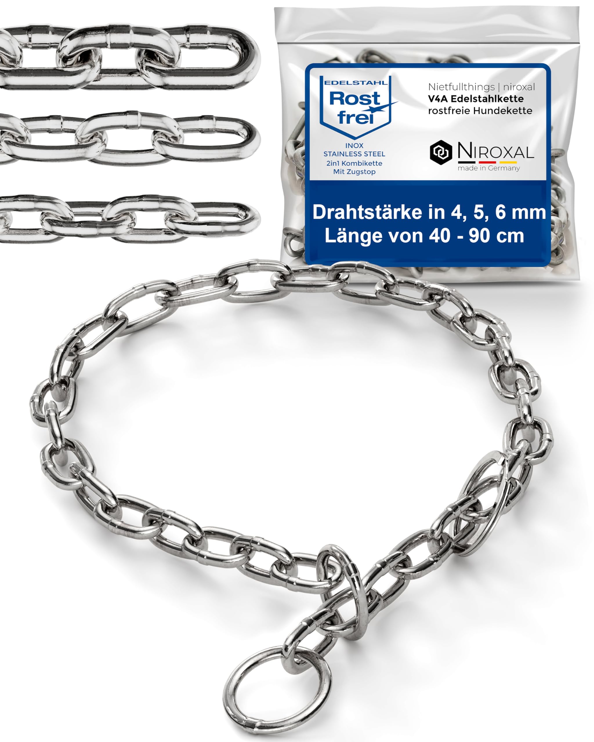 Dog Training Chain Collar with Pull Stop Stainless Steel Short Link Dog Chain 4 mm – Neck Size 44-49 cm – Total Length 55 cm – Limited Slip Stop Chain – NietFullThings
