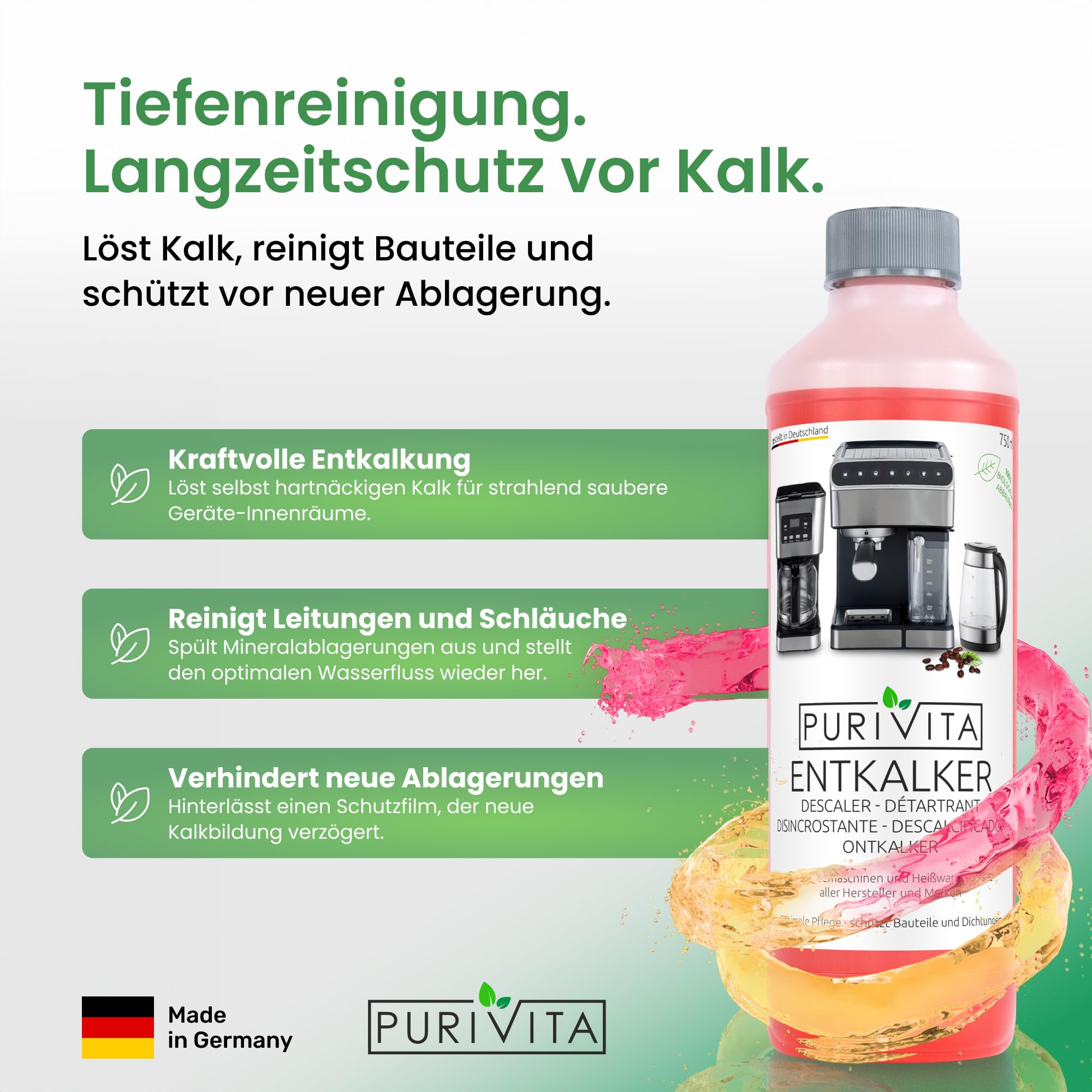 PURIVITA® Universal Entkalker Kaffeevollautomat [750ML] - Kaffeemaschinen Entkalker Flüssig - Flüssigentkalker Kaffeemaschine Reiniger - Kalkreiniger Kaffeevollautomaten - Für alle Kaffeeautomaten 2