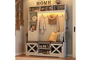 CHARTUSTRIABLE 75''H LED Farmhouse Hall Tree with Bench and Shoe Storage,Entryway Bench with Coat Rack,16 Shoe Cubbies & Umbrella Holder and Sock Storage Drawer,Mudroom/Hallway Storages Cabinet(white )