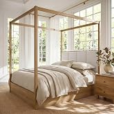 WAMPAT Wood Canopy Bed Frame Queen Size, Oak Bed w/Solid Wood Posters | Modern Wooden Bed Frame w/ 12 Slats &amp; Support Legs, 800 lbs Capacity, No Box Spring Needed, Upholstered Headboard for Bedroom