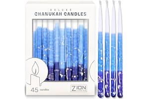 ZION JUDAICA LTD Deluxe Chanukah Candles for Menorah Set of 45 Multi Blue & White Frosted 1-Hour Decorative Hanukkah Candles Thin Tapered Candle with DIY Dreidel Prayer Song Card by Zion Judaica