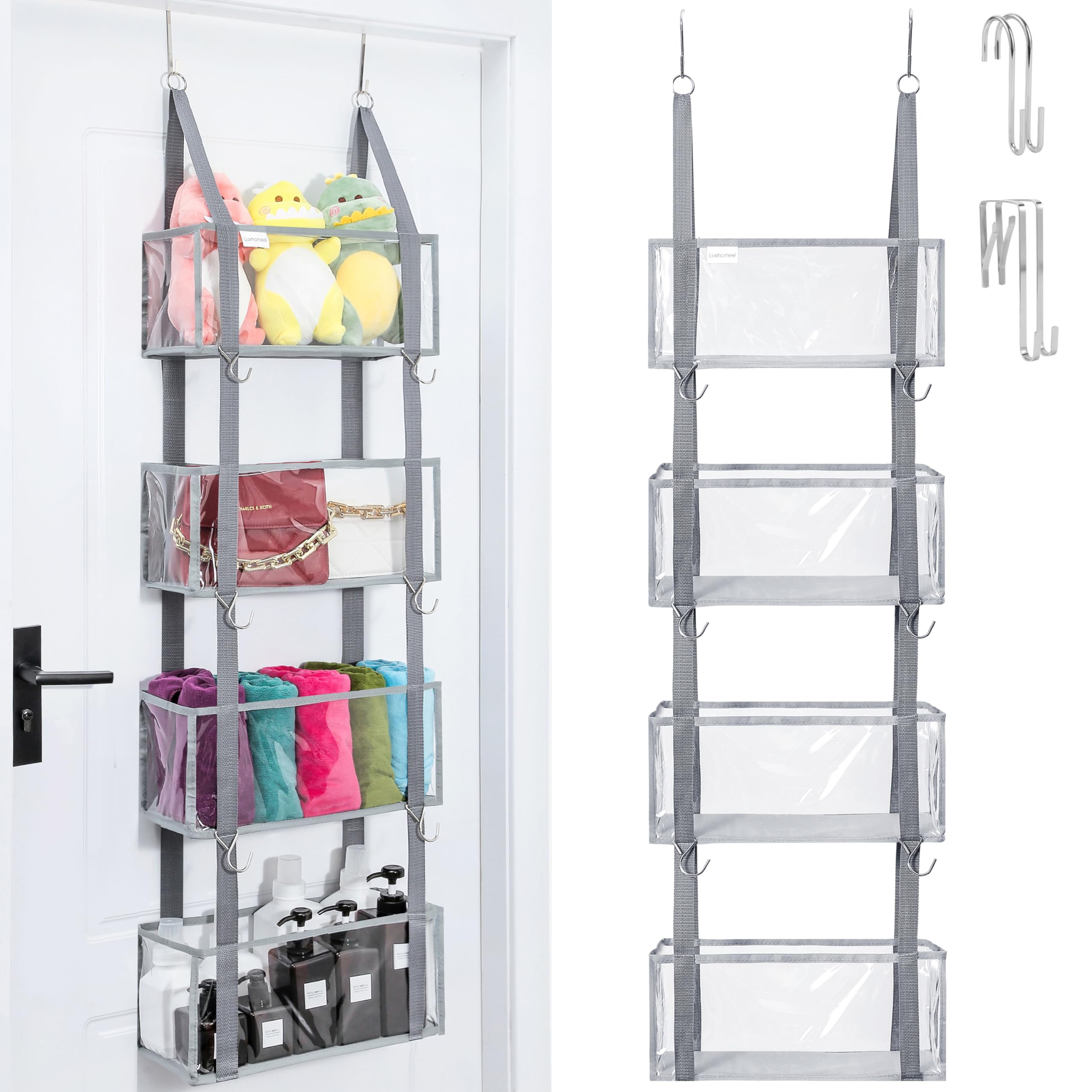 LUVHOMEE Over the Door Organiser, Pantry Hanging Shelves with 4 Large Clear Pockets, Dual-use or Wall Mount Diaper Toy Storage Bag for Closet, Dorm, Gray, w/Bottom Support, 15''x6''x53''