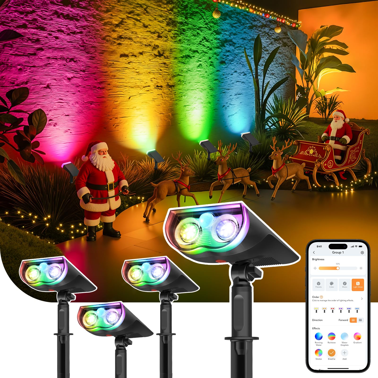 Linkind Outdoor Smart Solar Lights Motion-Sensor SL5, Color Changing Solar Spotlight for Garden Decorations, APP Control Landscape Lights, IP65 Outdoor Spot Lights for Christmas Halloween, 4 Pack