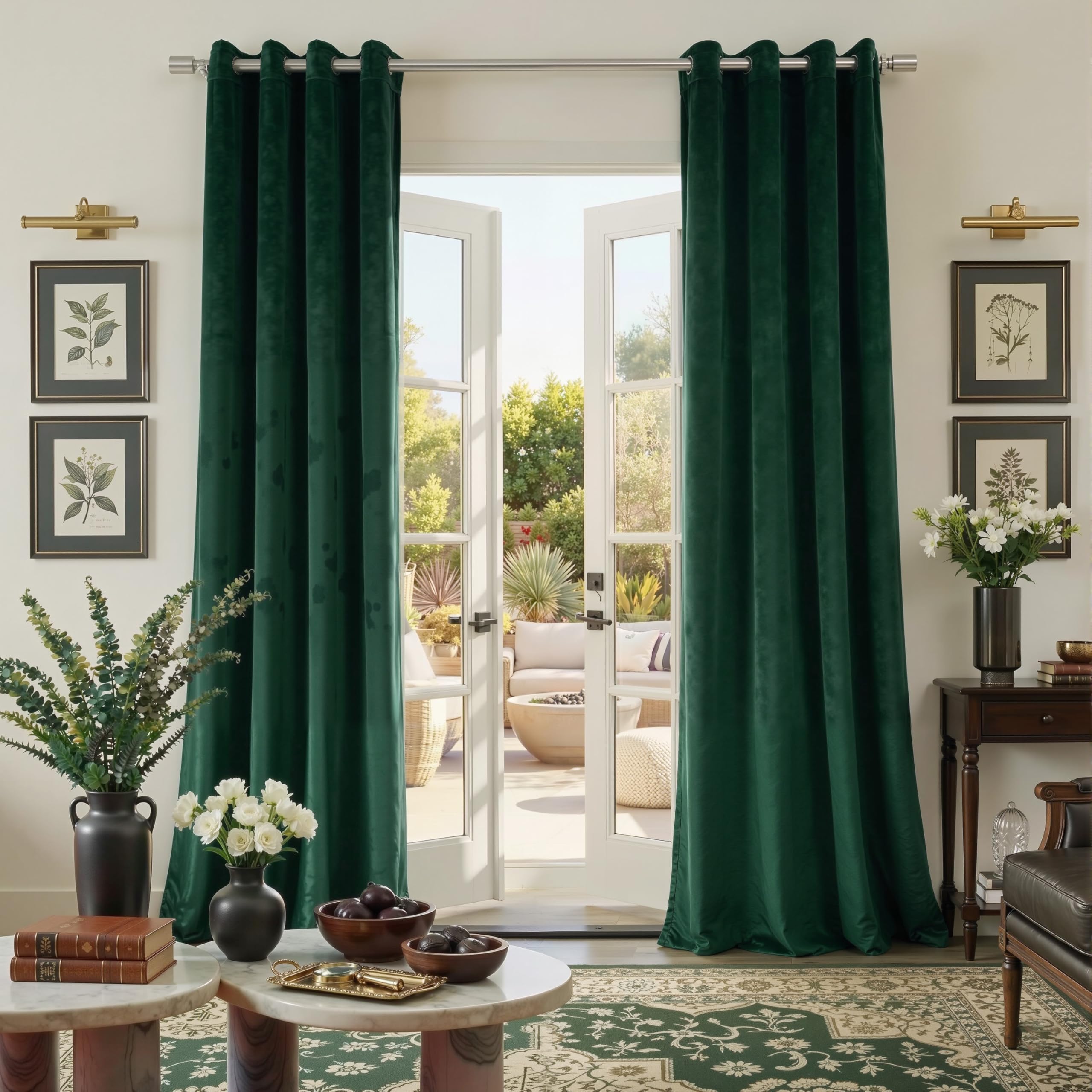 PONY DANCE Dark Green Velvet Curtains - Thermal Eyelet Blackout Curtains Soundproof & Room Darkening Window Treatment for Living Room/Bedroom, 52x84 Inch