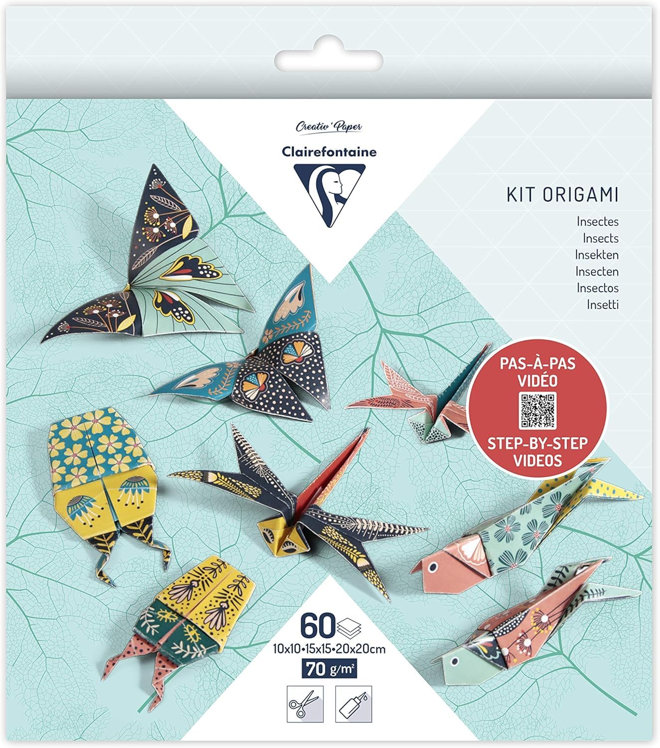 Clairefontaine 95366C Kit of 60 Sheets Origami Paper 70g/m² 3 Sizes 10x10cm 15x15cm 20x20cm Step-by-Step 4 Different Designs Including 5 Illustrations Insects