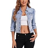 Anienaya Women's Jean Jacket Cropped Denim Jacket Stretchy 3/4 Puff Sleeve Distressed with Pockets