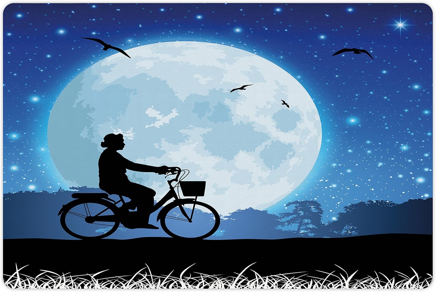 Amazon Com Ambesonne Moon Pet Mat For Food And Water Landscape Drawing Style With Silhouette Of A Person Riding A Bicycle Into Night Rectangle Non Slip Rubber Mat For Dogs And Cats Blue