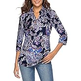 CEASIKERY Women's 3/4 Sleeve Floral V Neck Casual Tunic Blouse Loose Shirt Top
