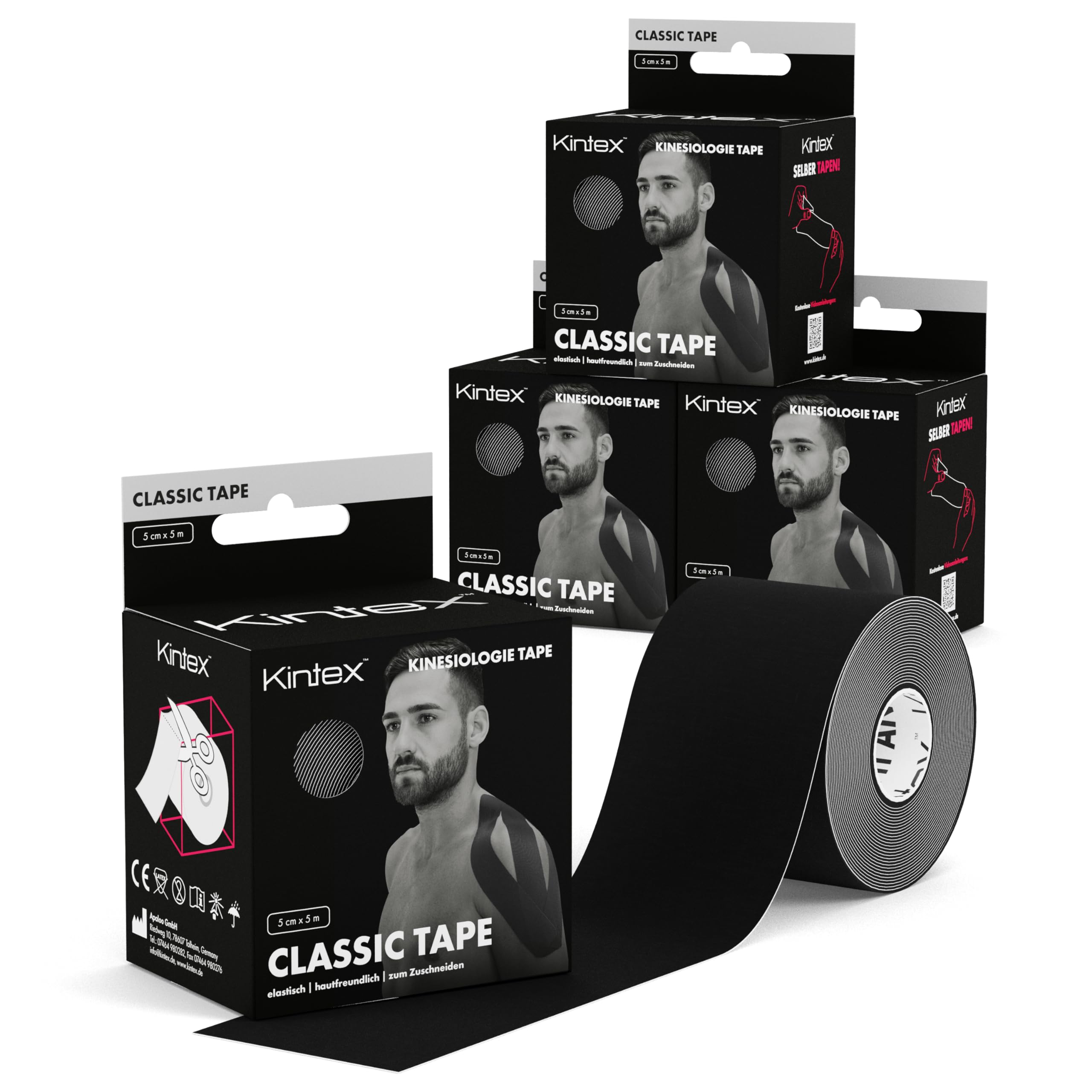 Kintex 4 Rolls of Kinesiology Tape Classic, 5 cm x 5 m, Skin-Friendly & Waterproof Kinesiology Tape, Physio Tape, for Sports & Physiotherapy