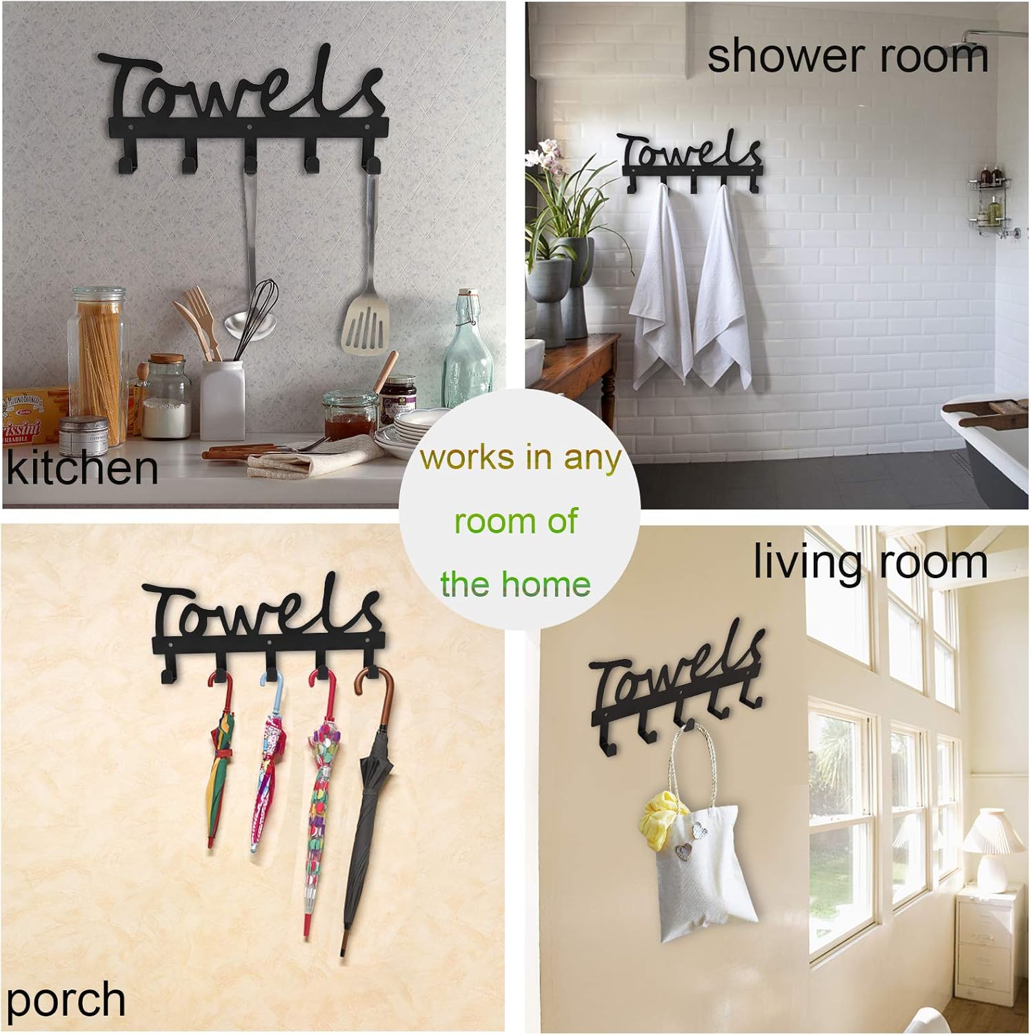 Towel Holder 5 Hooks for Bathroom, Towel Racks, Towel Hooks for Bathroom, Bedroom, Kitchen, Pool, Beach Towels, Bathrobe, Clothing, Metal Sandblasted Wall Mount Rustproof and Waterproof (Black02): Kitchen & Dining