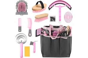 Abbylike 12 Pieces Horse Grooming Kit with Organizer Tote Bag Tack Room Supplies Horse Brush Sets Equine Care Cleaning Kit Shedding Grooming Massaging Tools(Pink and Grey)