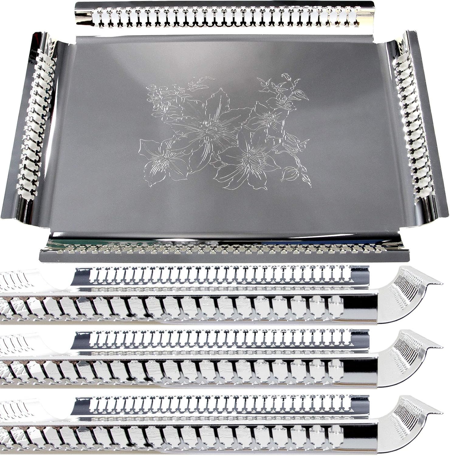 Maro Megastore (Pack of) Rectangular Serving Tray with Handle Floral Engraved Victoria Design Decorative Holiday Wedding Birthday Buffet Party Dessert Food 544 (16.5