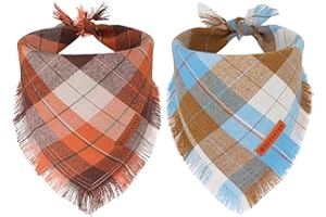 ADOGGYGO Fall Dog Bandanas with Tassels Edges, Stylish Plaid Pet Halloween Thanksgiving Scarf Bib, Orange Plaid Fall Bandanas for Medium Large Dogs Pets (Large)