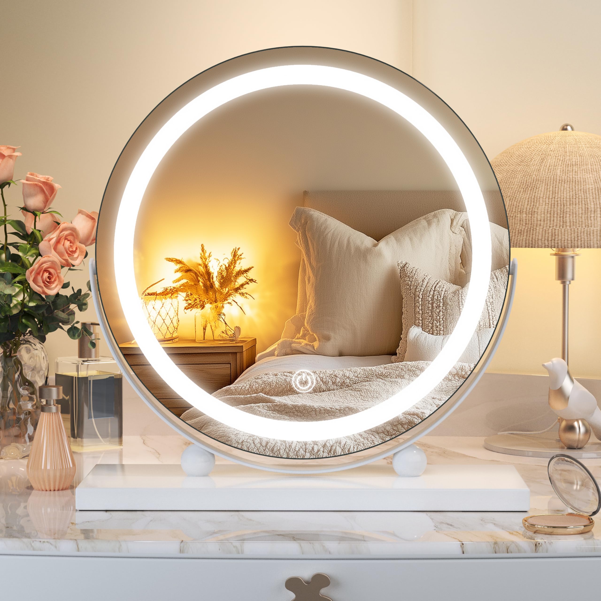 Photo 1 of Hasipu Vanity Mirror with Lights, 11 in LED Makeup Mirror, Lighted Makeup Mirror with Lights, Smart Touch Control 3 Colors Dimmable Round Mirror 360°Rotation White