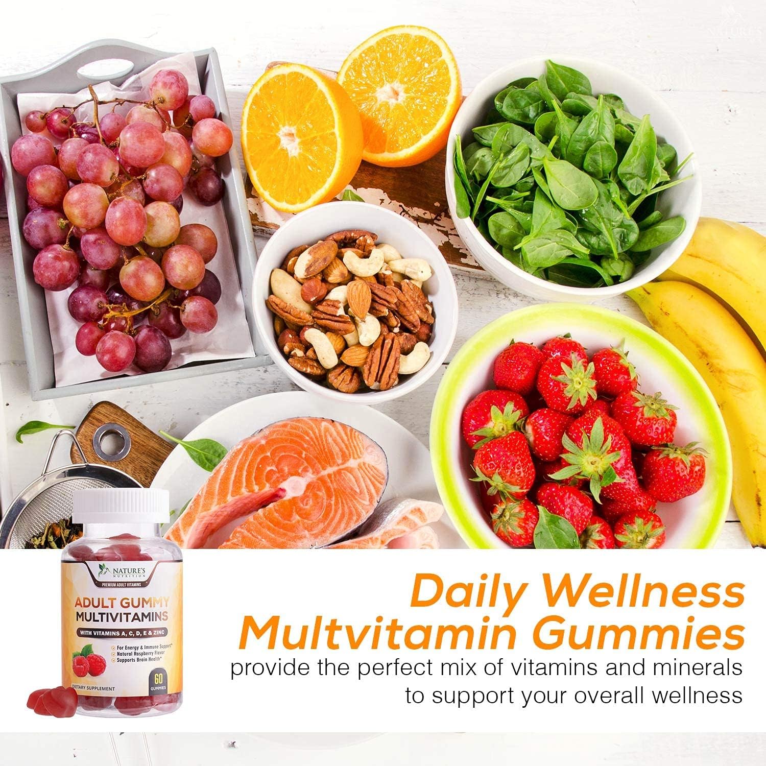 Adult Multivitamin Gummies with Vitamin C, D3 and Zinc for Immune Health Support - Natural Complete Daily Gummy Vitamin Supplement - Vegetarian Multi Vitamins for Men and Women - 60 Gummies: Health & Personal Care