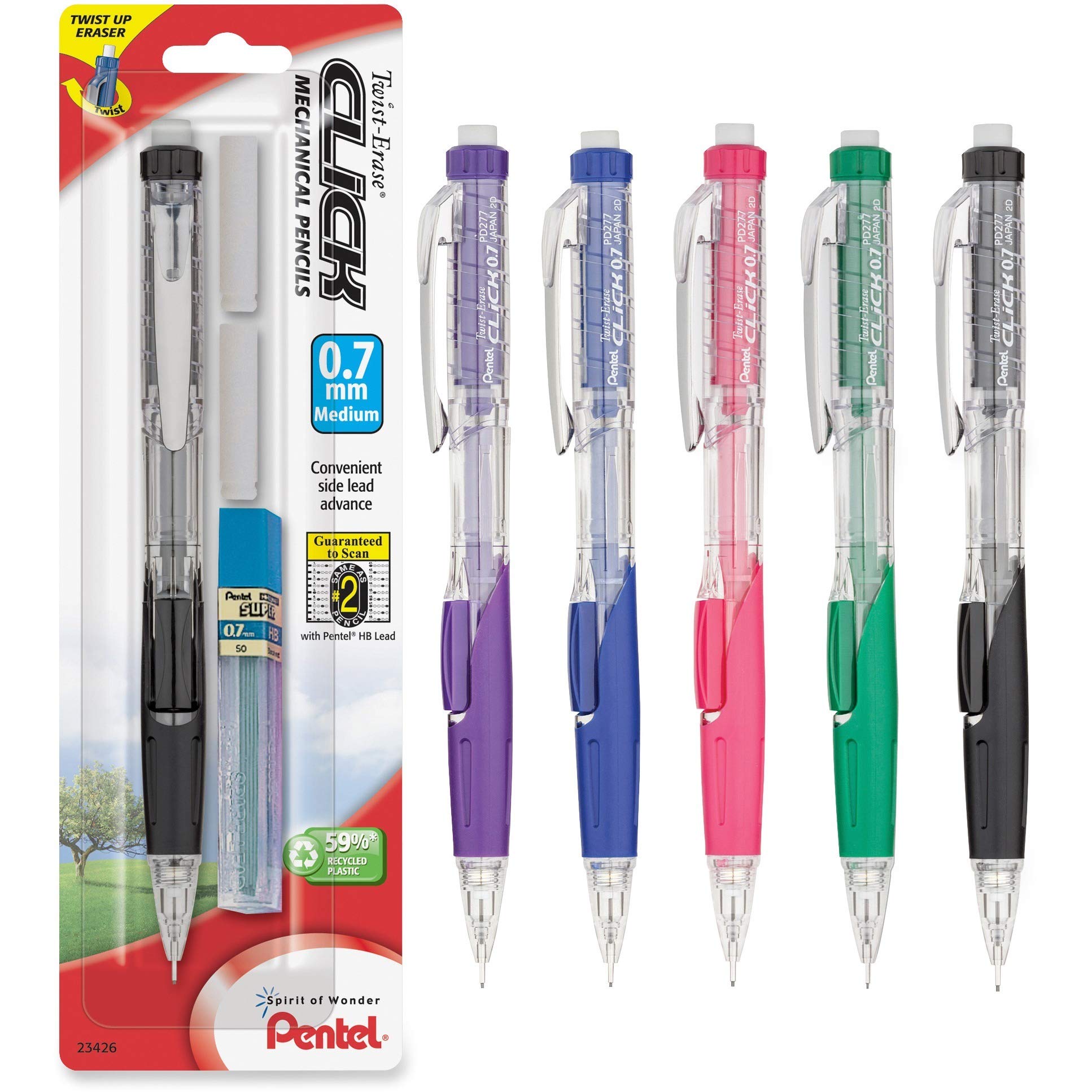 Pentel Twist-Erase Click Automatic Pencil with 2 Eraser Refills and Lead, 0.7mm, Assorted Barrels(Color May Vary)