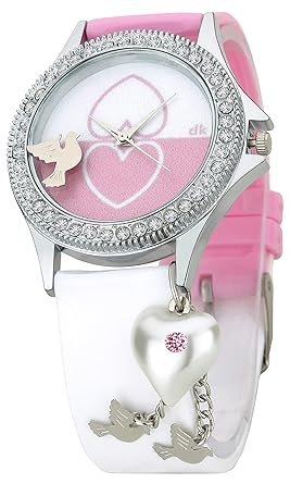 Dk White Heart Pearl Dangle Stones Studded Analogue Soft Strap Analogue White Dial Womens Watch-Dk01164
