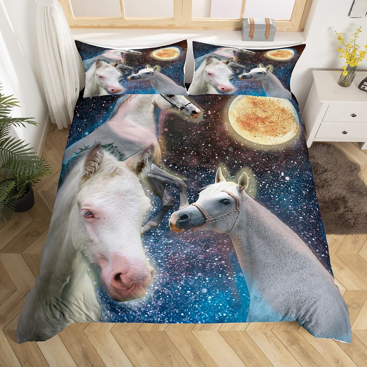 Kids Horse Bedding Set Horse Lover Gift Duvet Cover Set For Boys Girls White Horses Moon Decor Comforter Cover Set Animal Stuffed Bedspread Cover Bedroom Quilt Cover 2Pcs Single