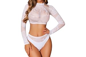 RSLOVE Womens Fishnet Lingerie Set - Sexy Bodysuit Floral Hollow Out Babydoll Long Sleeves Mesh Lingerie Outfits
