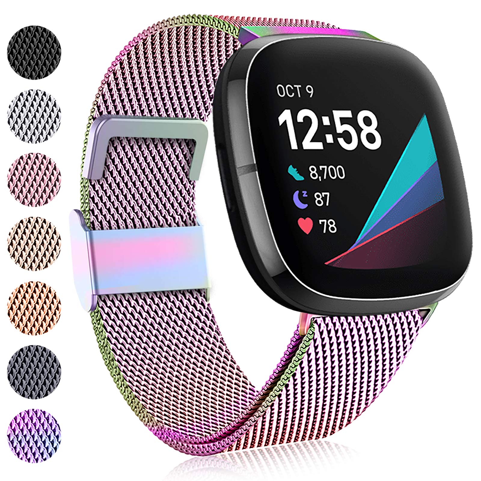 Faliogo Compatible with Fitbit Versa 3 Strap/Fitbit Versa 4 Strap/Fitbit Sense Strap, Adjustable Stainless Steel Metal Replacement Strap with Magnet Lock for Versa 4/3 Sense 2/1, Small Colorful