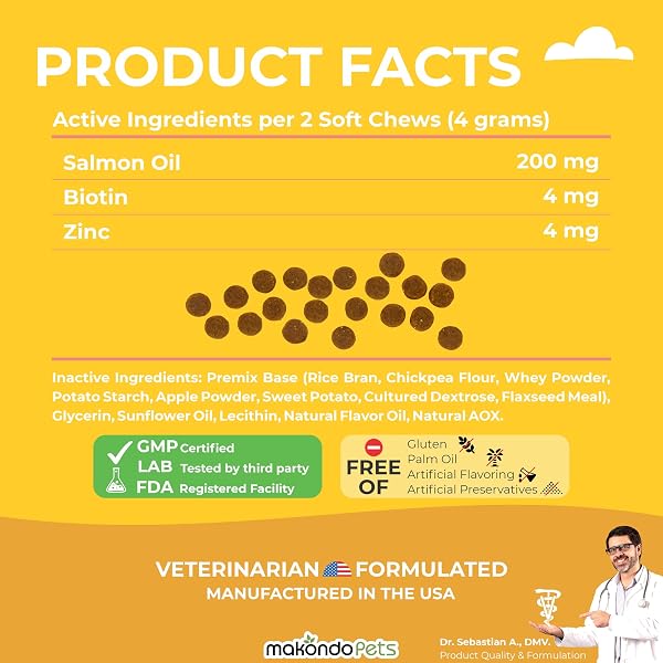 OMEGA 3 SOFT CHEWS – SALMON OIL FOR DOGS SKIN AND COAT SUPPORT, ITCH RELIEF & SHEDDING SUPPORT – EPA & DHA DOG FISH OIL FATTY ACIDS – 120 CHEWS BY MAKONDO PETS.