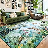 HOMORE Washable Rug 5x7 Animal Rugs for Living Room Bedroom Jungle Green Rug with Forest Tree Plant Safari Rugs with Peacock 