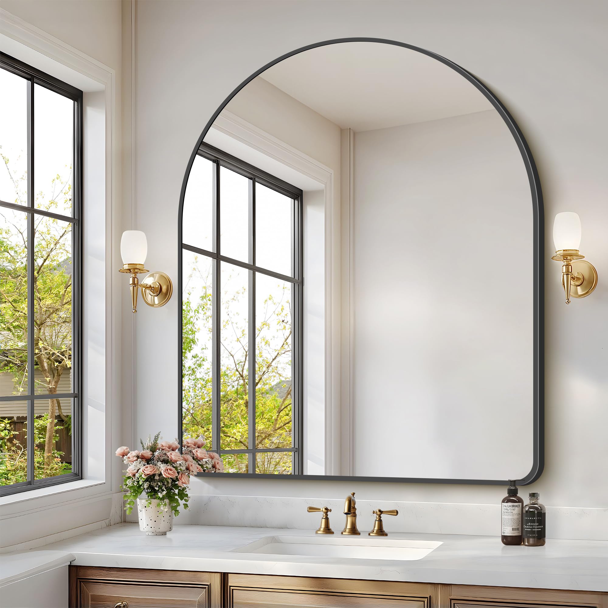 Photo 1 of GLASHOM Arched Bathroom Mirror, 40"x48" Black Arched Mirror for Bathroom, Wall Mounted Mirror, Black Vanity Wall Mirror w/Metal Frame for Bedroom, Entryway, Living Room, Vertically Hanging