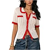 Milumia Women's Hollow Out Short Sleeve Sweater Cardigan Contrast Binding Button Down Knit Tops