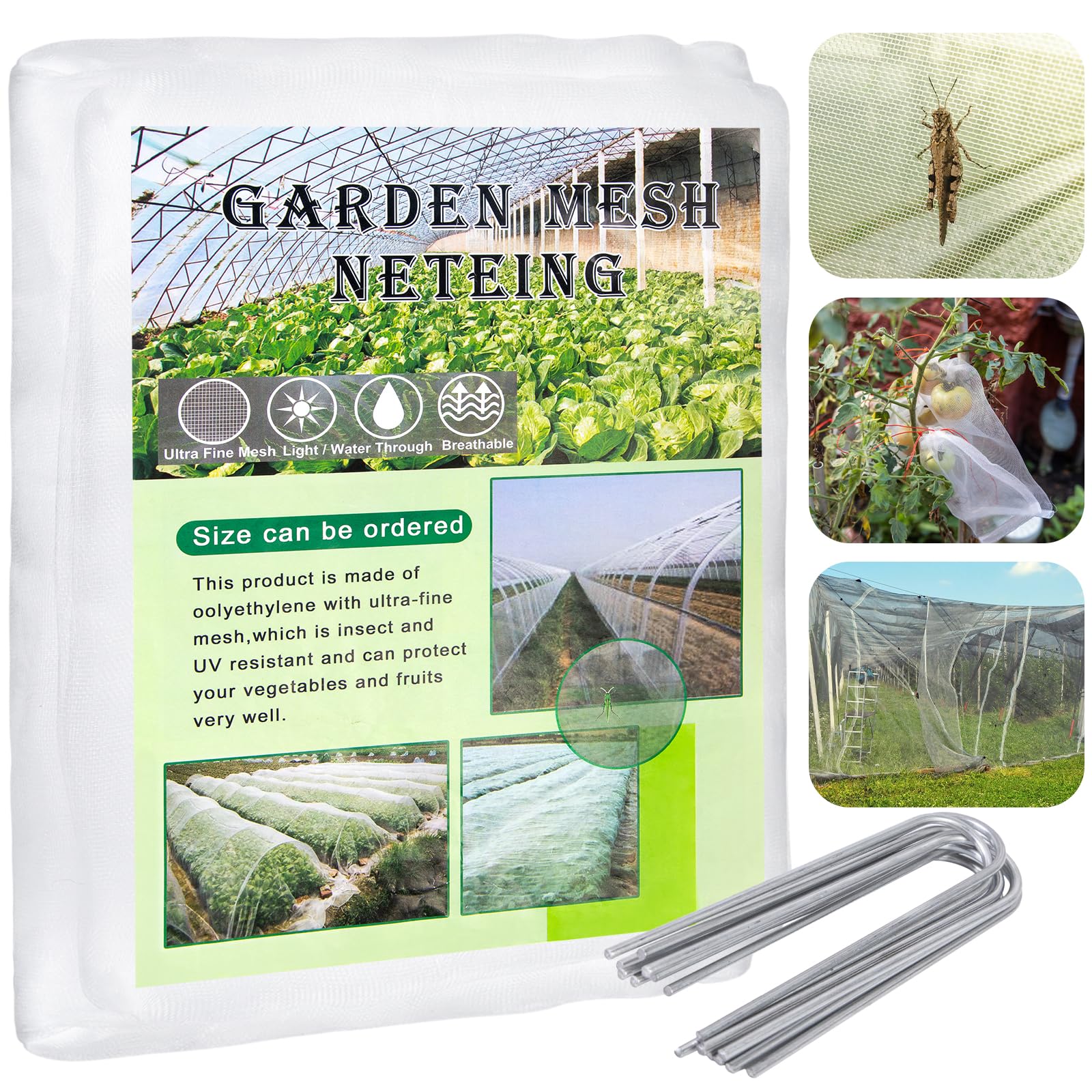 2 * 10M Insect Netting for Vegetables with 15 U-shaped Garden Nail, Fine Mesh Garden Netting for Veg Patch & Plants, White Reusable Plant Protection Net For Vegetables and Fruits