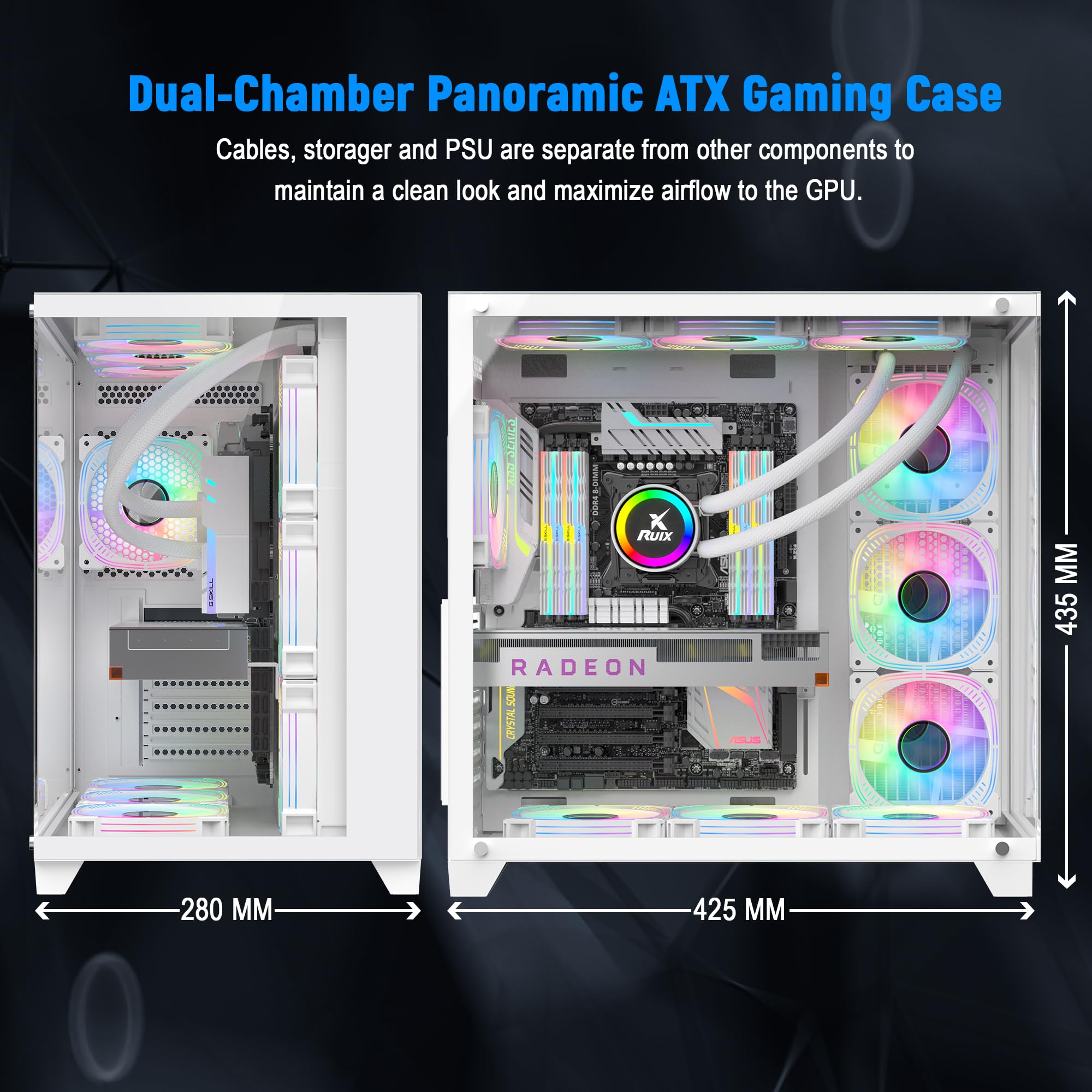 GOPIE White PC case, 4Pack PWM RGB Computer Fans pre-Installed, Gaming Desktop pc Hosting case Compatible with 360mm RAD -270° Full View Dual Tempered Glass