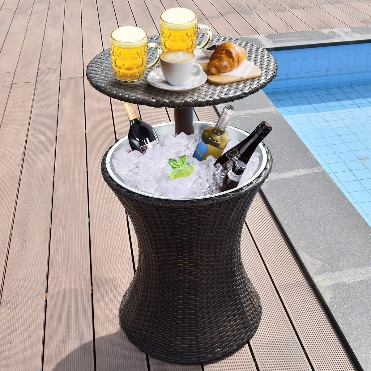 LHLYL-DP Ice Bucket Cocktail Coffee Table, Outdoor Cool Bar Table, Rattan Style Patio Table, Adjustable Height Party Deck, for Pool Use: Home & Kitchen