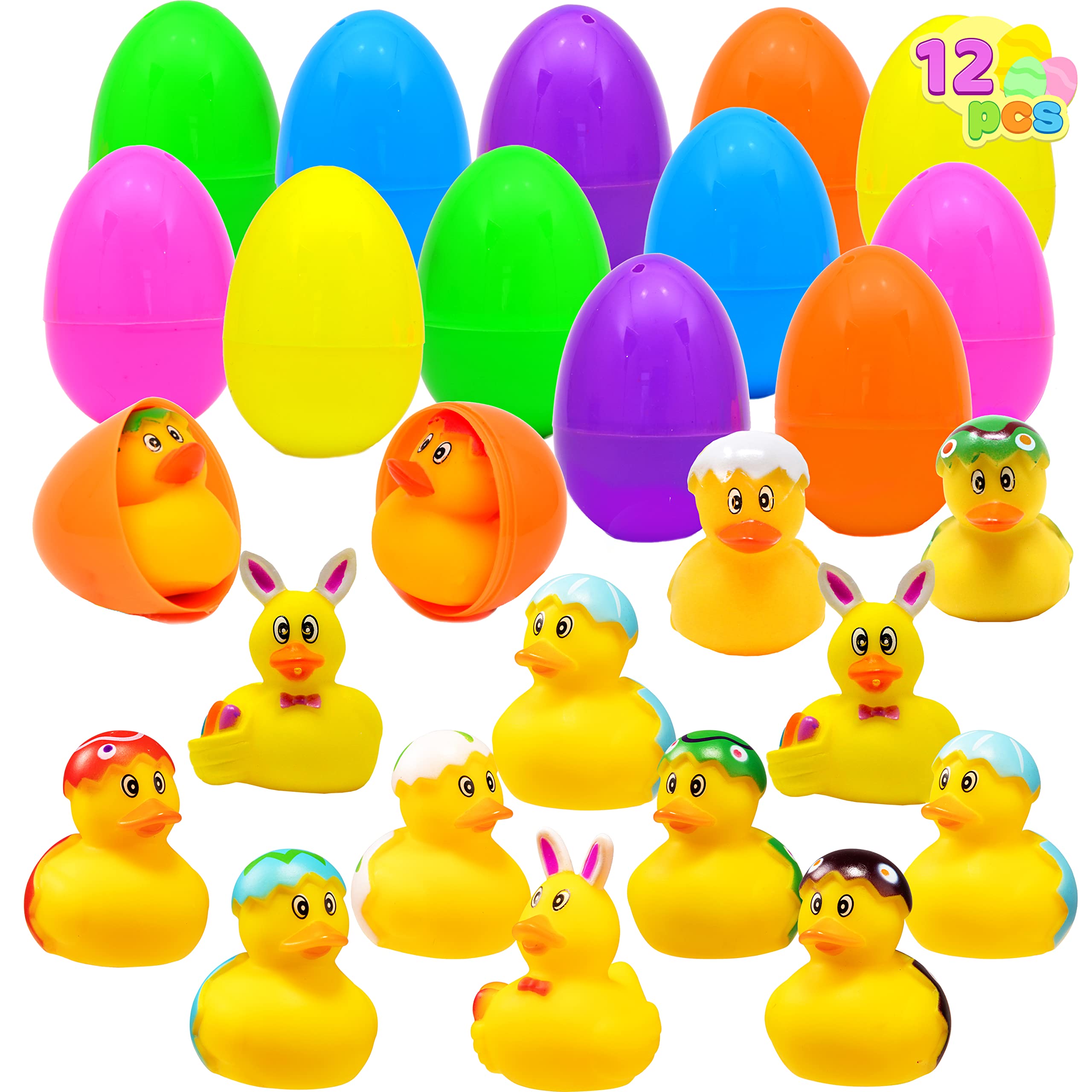 Photo 1 of JOYIN 12 Pcs Filled Easter Eggs with Rubber Duck and Rabbit Duckies, Bright Colorful Prefilled Easter Eggs for Kids Fun Bath Toys, Basket Stuffers and Party Favors
