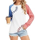 Sunidol Womens Baseball Shirt Long Sleeve Raglan Sleeve Crewneck Sports Loose Baseball Printed Patchwork Top