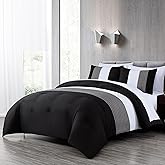 Chezmoi Collection Briar 7-Piece Queen Bed in a Bag - All Season Lightweight Microfiber Comforter Set - Includes Sheets & Shams - Black/Gray/White Pleated Stripe Design