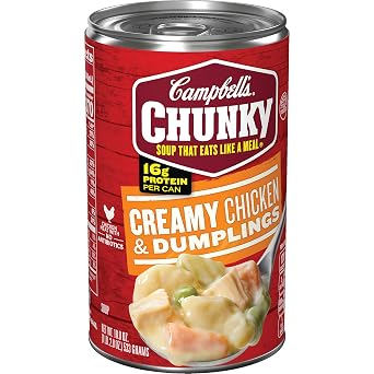 Campbell's chicken&dumplings chicken stock, bleached enriched Wheat flour (bleached flour, niacin, ferrous sulfate, thiamine (051000018472)