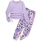 mksodop Girls Clothes Ruched Drawstring Short Sleeve Knit Top and Camo Print Pants 2 Piece Girls Outfits