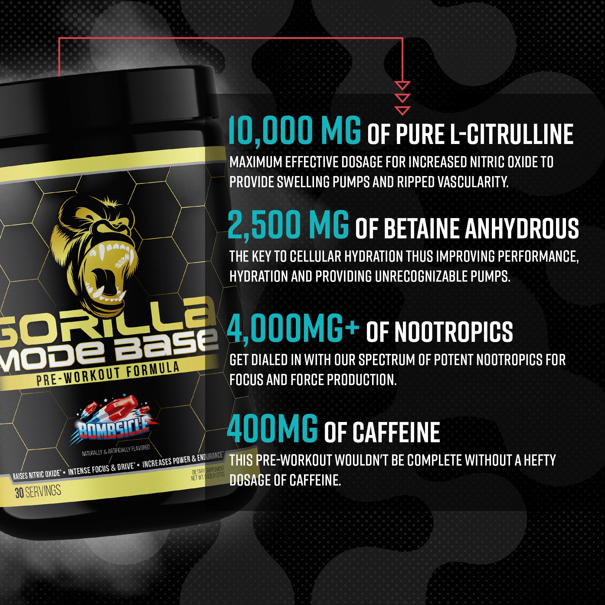 Gorilla Mind Base Pre Workout - Raises Nitric Oxide Intense Focus & Drive Endurance Power - L-Citrulline, L-Tyrosine, Betaine, Alpha-GPC, Caffeine, Huperzine A - 360 Grams (Watermelon)