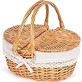 Happypicnic 12" Picnic Basket - Small Wicker Basket with Foldable Handle Lid & Removable Liner | Cute Picnic Basket Toy Empty for Kids, Gift, Halloween, Christmas, Valentines, Easter, Birthday, Solid